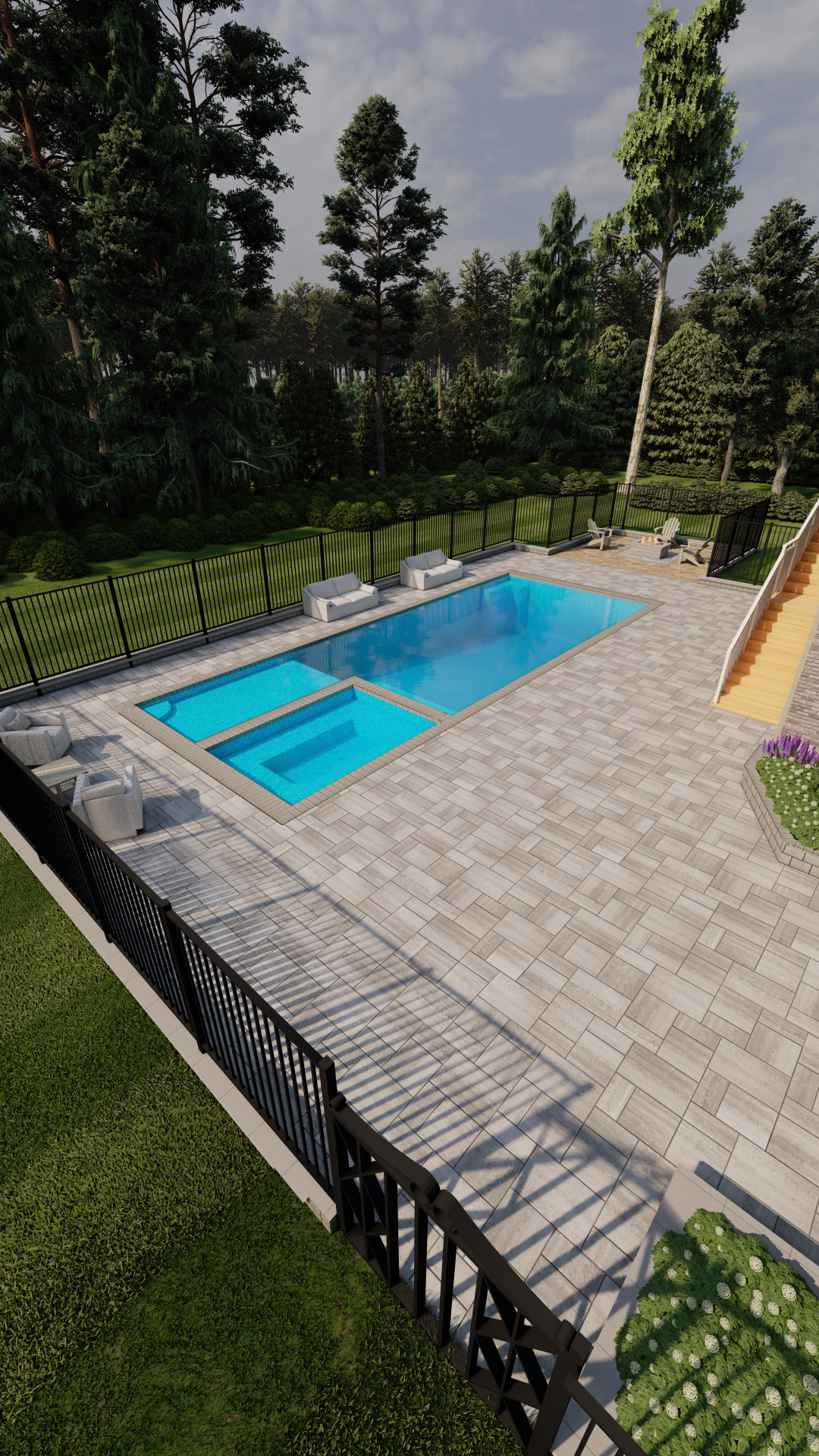 High-angle view of the pool and patio